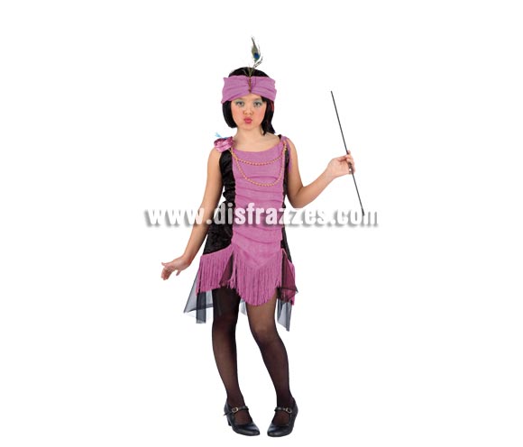 Disfraz de Charlestón Morado Deluxe para niña. Alta calidad, hecho en España. Disponible en varias tallas. Incluye vestido y turbante. Boquilla NO incluida, podrás encontrar boquillas en la sección de Complementos.