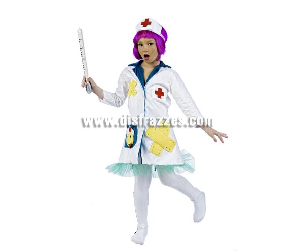 Disfraz de Enfermera Deluxe para niña. Alta calidad, hecho en España. Disponible en varias tallas. Incluye vestido y cofia. Termómetro NO incluido.
