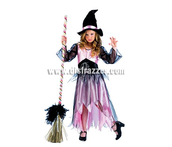 Disfraz de Bruja Rosa Deluxe para niña. Alta calidad, hecho en España. Disponible en varias tallas. Incluye vestido y gorro. Escoba NO incluida, podrás encontrar en nuestra sección de Complementos.