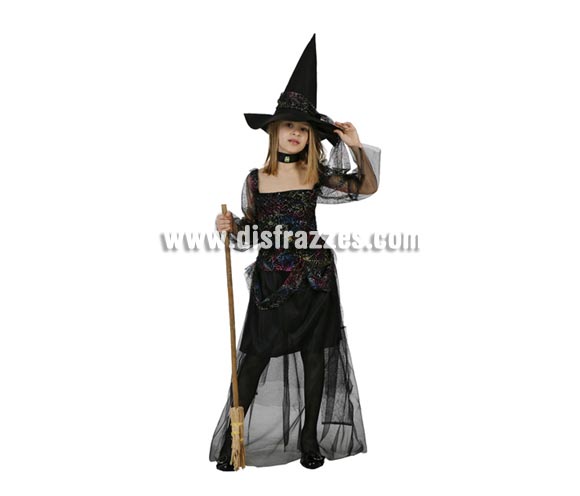 Disfraz de Bruja o Brujita telaraña para niña. Talla de 7 a 9 años. Incluye vestido y sombrero. Escoba NO incluida, podrás verla en la sección de Complementos.