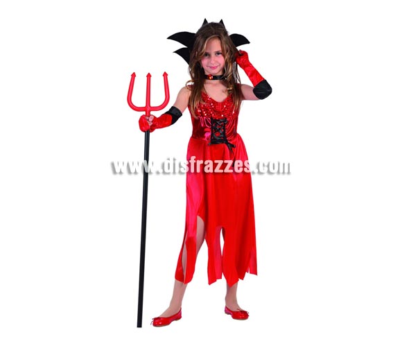 Disfraz de Diablesa para niña. Talla de 5 a 6 años. Incluye vestido, guantes y collar. Tridente NO incluido, podrás verlo en la sección de Complementos.