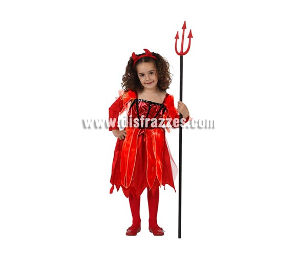 Disfraz de Demonia o Diablesa de lujo para niña. Talla de 3 a 4 años. Incluye vestido, diadema y cubrebrazos. Tridente NO incluido, podrás verlo en la sección de Complementos.