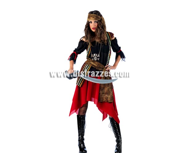 Disfraz de Pirata Malvada Deluxe para mujer. Alta calidad, hecho en España. Disponible en varias tallas. Inlcuye camisa, falda, fajín y pañuelo. Espada NO incluida, podrás encontrar en nuestra sección de Complementos.