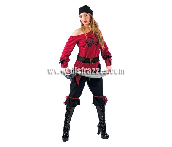 Disfraz de Pirata Calavera Deluxe para mujer. Alta calidad, hecho en España. Disponible en varias tallas. Incluye camisa, pantalón, cinturón y pañuelo. Espada NO incluida, podrás encontrar en nuestra sección de Complementos.