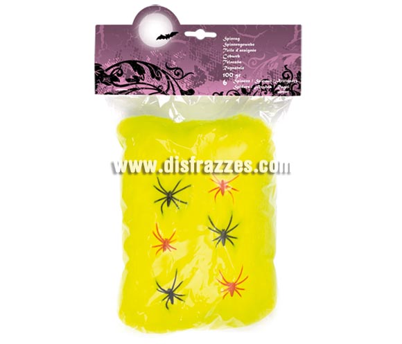 Telaraña de 100 gr amarilla con 6 arañas para decoración de Halloween.