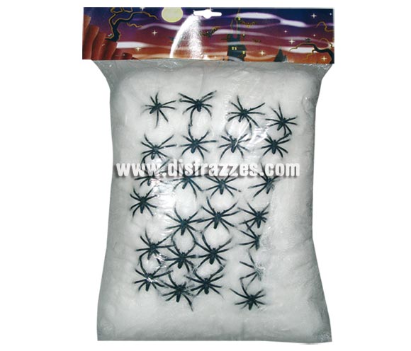 Telaraña de 500 GR. blanca con 25 arañas para decorar ambientes en Halloween.