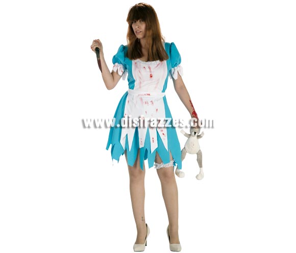 Disfraz barato de Alicia Asesina para mujer. Talla única de mujer. Incluye vestido, delantal y liga. Disfraz muy original para la noche de Halloween.