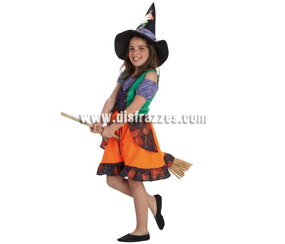 Disfraz de Bruja Colorines para niñas de 8 a 10 años. Incluye falda, camisa, chaleco y sombrero. Escoba NO incluida, podrás verla en la sección de Complementos.