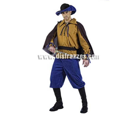 Disfraz de Medieval Salor Deluxe para hombre. Alta calidad, hecho en España. Disponible en varias tallas. Incluye camisa, pantalón, capa, cinturón, botas y sombrero. Espada NO incluida, podrás encontrar en nuestra seción de Complementos.
