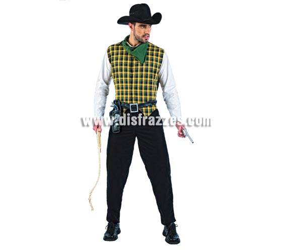 Disfraz de Vaquero Deluxe para hombre. Alta calidad, hecho en España. Disponible en varias tallas. Inlcuye camisa, pantalón y pañuelo. Revolvera con pistolas, sombrero y cuerda NO incluidos, podrás encontrar en nuestra sección de Complementos. Éste disfraz hace pareja con la ref. MA617LI.