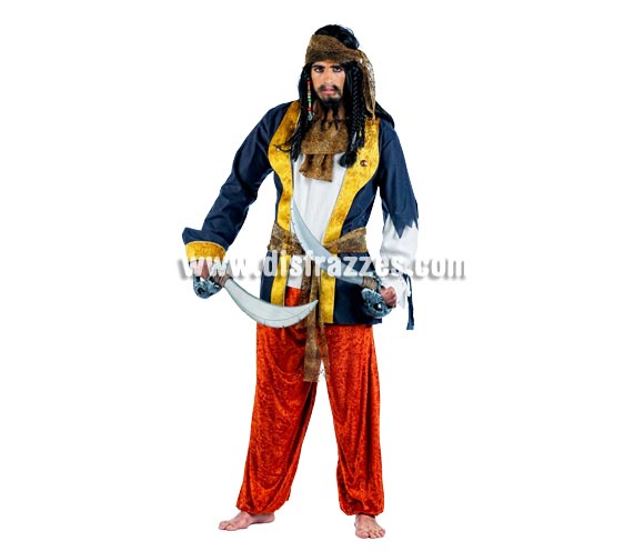 Disfraz de Pirata Bucanero Deluxe para hombre. Alta calidad, hecho en España. Disponible en varias tallas. Incluye chaqueta con camisa, pantalón y pañuelo. Espadas NO incluidas, podrás encontrar en nuestra sección de Complementos. Éste disfraz hace pareja con la ref. MA097LI.