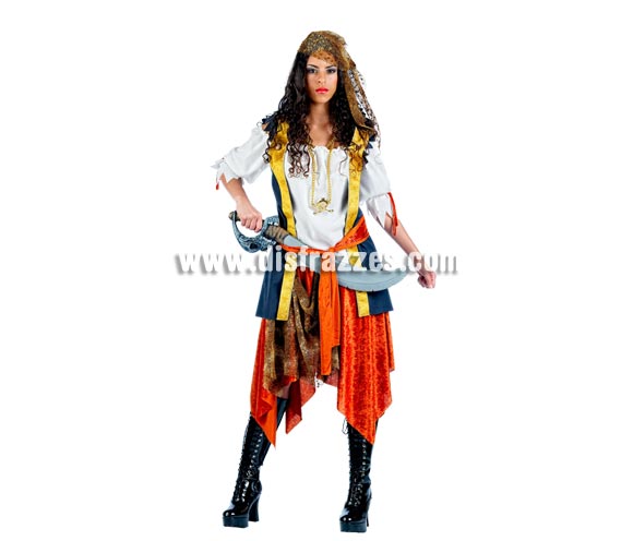 Disfraz de Pirata Bucanera Deluxe para mujer. Alta calidad, hecho en España. Disponible en varias tallas. Incluye chaqueta con camisa, cinturón, falda y pañuelo. Espada NO incluida, podrás encontrar en nuestra sección de Complementos. Éste disfraz hace pareja con la ref. MA098LI.