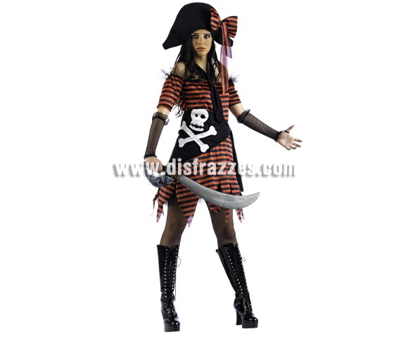 Disfraz de Pirata Corbata Deluxe para mujer. Alta calidad, hecho en España. Disponible en varias tallas. Incluye vestido con pañuelo, corbata y gorro. Espada NO incluida, podrás encontrar en nuestra sección de Complementos. Éste disfraz hace pareja con la ref. MA159LI.