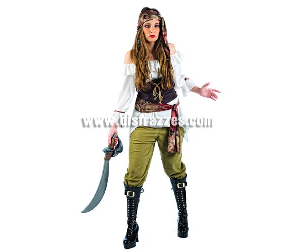 Disfraz de Pirata Saqueadora Deluxe para mujer. Alta calidad, hecho en España. Disponible en varias tallas. Incluye camisa, corpiño, pantalón, pañuelo y fajín. Espada NO incluida, podrás encontrar en nuestra sección de Complementos. Éste disfraz hace pareja con la ref. MA108LI.