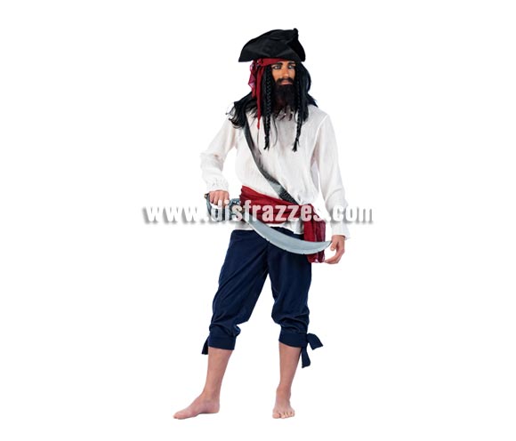 Disfraz de Pirata Drake Deluxe para hombre. Alta calidad, hecho en España. Disponible en varias tallas. Incluye camisa, pantalón, fajín y gorro. Espada NO incluida, podrás encontrar en nuestra sección de Complementos. 
