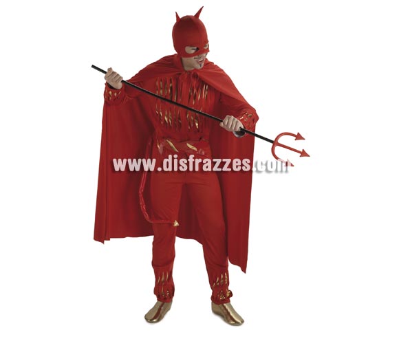 Disfraz de Diablo o Demonio para hombre. Talla única de caballero. Incluye mono, capa, cinturón y gorro. Tridente NO incluido, podrás verlos en la sección de Complementos.