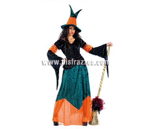 Disfraz de Bruja Salem Deluxe para mujer. Alta calidad, hecho en España. Diponible en varias tallas. Incluye falda, gorro y corpiño. Escoba NO incluida, podrás encontrar en nuestra sección de Complementos.