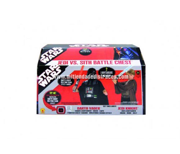 Cofre Star Wars. 
Talla única que sirve para niños de 4 a 6 años.
Incluye:
Artículos de Darth Vader: pechera, máscara, capa, respiración y espada con luz. 
Artículos de Jedi Knight: túnica, cinturón y espada con luz.
Con licencia Star Wars ideal para regalar en cualquier fecha del año.