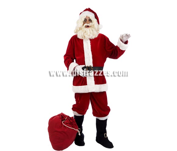Disfraz de Papa Noel Deluxe para hombre. Alta calidad, hecho en España. Disponible en varias tallas. Incluye chaqueta, pantalón, cinturón, gorro y botas. Guantes, gafas, peluca con barba campana y saco NO incluidos, podrás encontrar en nuestra sección de Complementos.