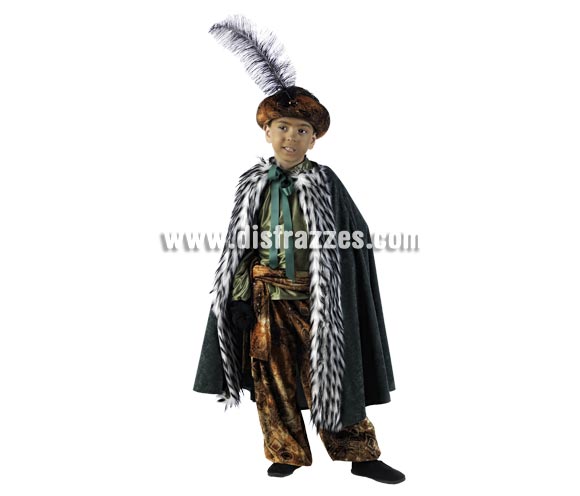 Disfraz de Rey Baltasar Deluxe para niño. Alta calidad, hecho en España. Disponible en varias tallas. Incluye camisa con fajín, pantalón, capa y turbante.