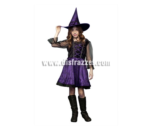 Disfraz de Bruja azul y negro vestido corto para niñas de 7 a 9 años en Halloween.