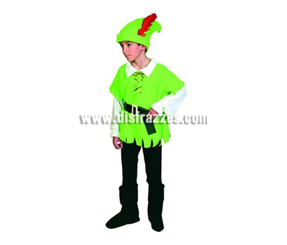 Disfraz de Robin Hood para niños de 5-6 años. Incluye camisa, pantalón, cinturón, cubrebotas y gorro.