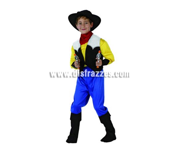 Disfraz Cowboy Musculoso para niños de 5-6 años. Incluye camisa, sombrero, pantalón, cubrebotas y pañuelo. Chaleco y pistolas NO incluidas.