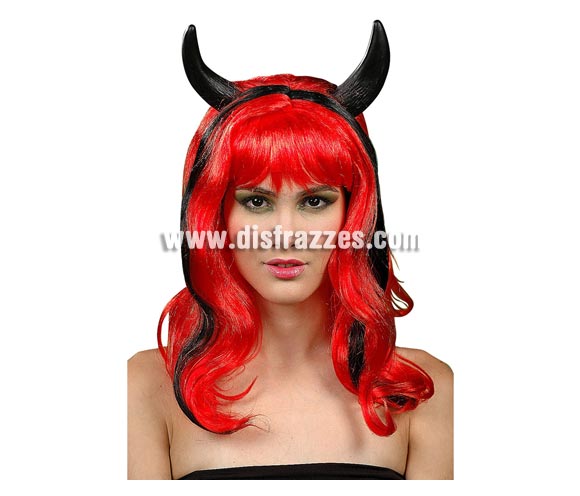 Peluca de Diablesa roja y negra con cuernos para Halloween.