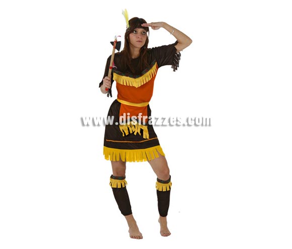 Disfraz de India Marrón para mujer. Talla Standar M-L = 38/42. Incluye tocado, vestido y cinturón. Hacha NO incluida, podrás encontrar en nuestra sección de Complementos.