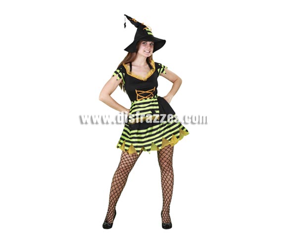 Disfraz de Bruja para mujer. Talla standar = 38/42. Incluye sombrero, vestido y delantal.