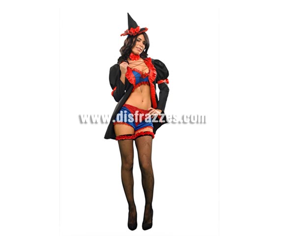 Disfraz de Bruja Erótica para chica. Talla Standar = 38/42. Incluye abrigo, pantalón corto, sujetador, gargantilla y sombrero.
