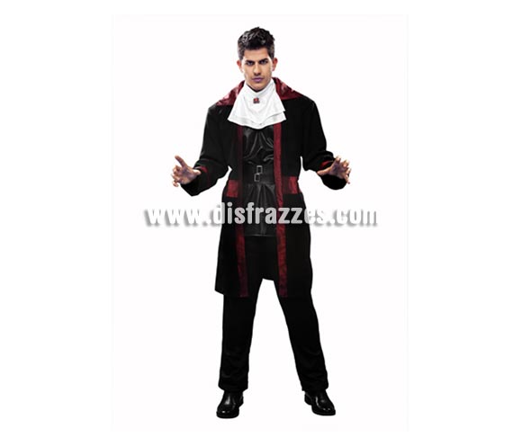 Disfraz de Conde Drácula para hombre. Talla Standar = 52/54. Incluye abrigo, pechera, cinturón y pantalón.