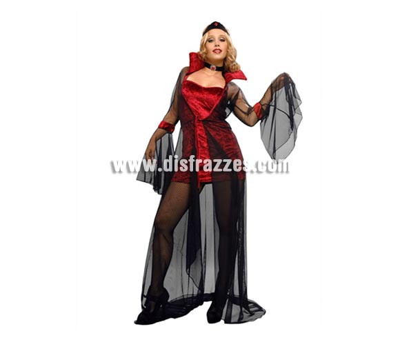 Disfraz de Vampiresa con abrigo para mujer. Talla Standar = 38/42. Incluye vestido, abrigo, diadema y gargantilla.