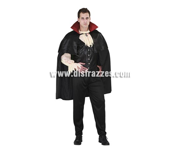 Disfraz de Conde Sanguinario para hombre. Talla Standar = 52/54. Incluye chaleco con mangas y capa con cuello. Alta calidad. Disfraz de Conde Drácula o Vampiro de hombre.