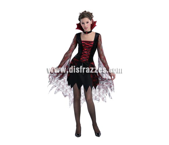 Disfraz de Vampiresa tela de araña para mujer. Talla Standar = 38/42. Incluye vestido y cuello alto rojo.