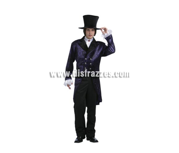 Disfraz de Noble Vampiro para hombre. Talla Standar = 52/54. Incluye abrigo, chorreras y sombrero. Alta calidad.