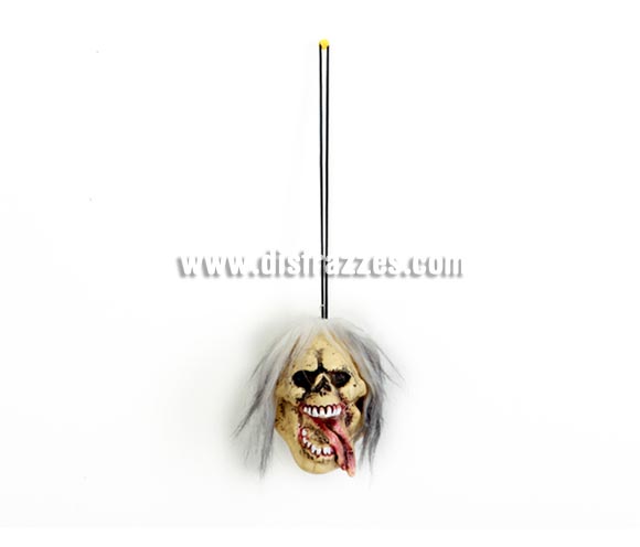 Calavera con pelo blanco y lengua para decoración de Halloween de unos 10 cm.