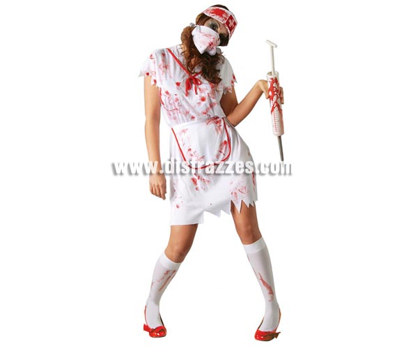Disfraz de Enfermera Zombie para mujer. Talla única válida hasta la 42/44. Incluye cofia, mascarilla, vestido y delantal.