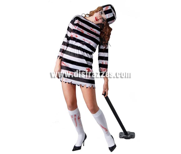 Disfraz barato de Presidiaria Zombie para mujer. Talla única válida hasta la 42/44. Incluye gorro y vestido. Maza NO incluida, podrás verla en Complementos.