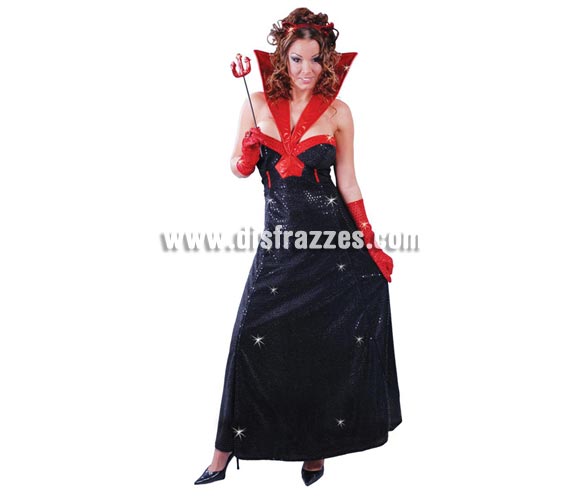 Disfraz de Diablesa Hollywood para mujer. Talla única válida hasta la 42/44. Incluye diadema y vestido, Tridente NO incluido, podrás ver algunas referencias en la sección de Complementos. Tela de lentejuelas.