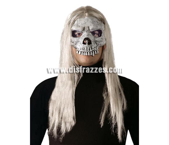 Media Careta de Calavera con pelo. Ideal para poder beber en Halloween sin tener que quitártela.
