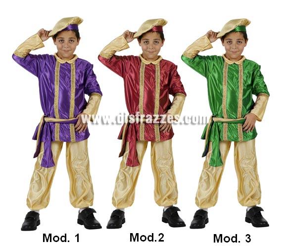 Disfraz de Paje Real de los Reyes Magos infantil para Navidad. Talla de 3 a 4 años. Incluye pantalón, fajín, casaca y gorro. Tres modelos surtidos, precio por unidad, se venden por separado.