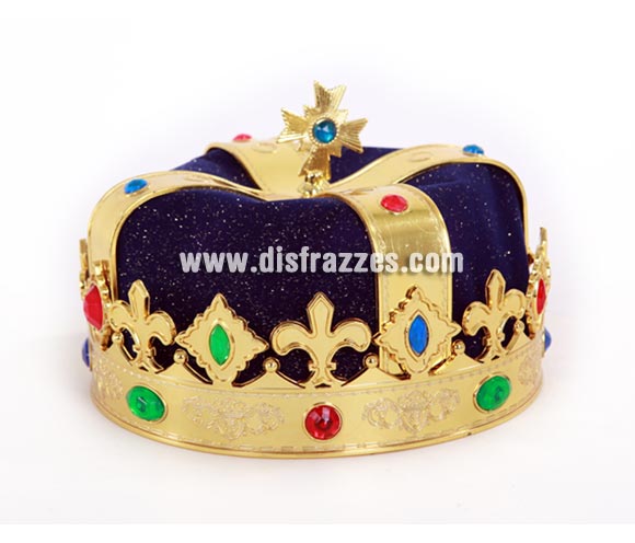 Gorro de Rey azul y dorado con diamantes de plástico.