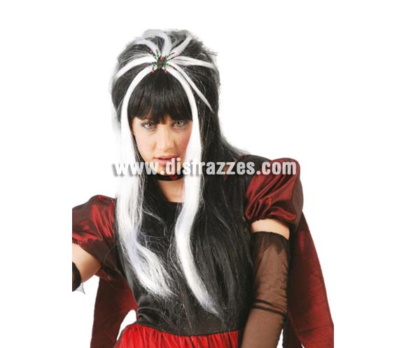 Peluca de Bruja con mechas blancas con araña para Halloween.

