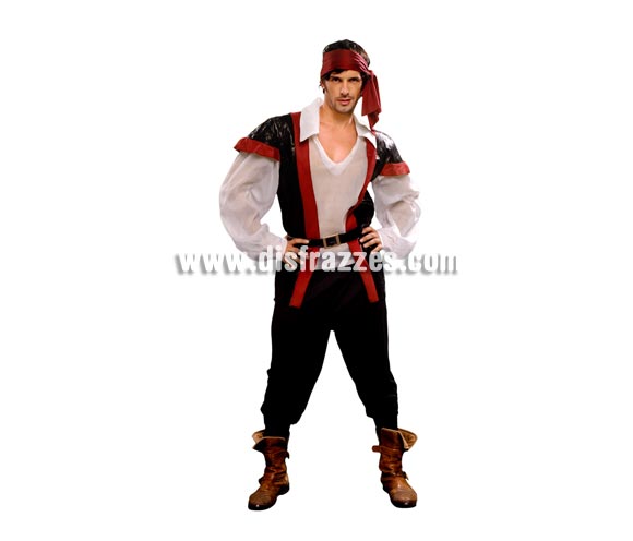 Disfraz de Pirata para hombre. Talla standar M-L = 52/54. Incluye camisa con chaleco, pantalones, cubrebotas, cinturón y pañuelo.