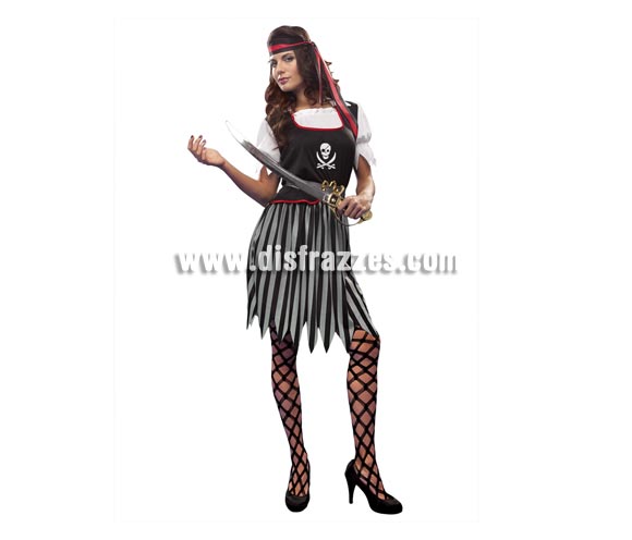 Disfraz de Chica Pirata para mujer. Talla standar M-L = 38/42. Incluye falda, camisa, cinta para la cabeza y cinturón.
