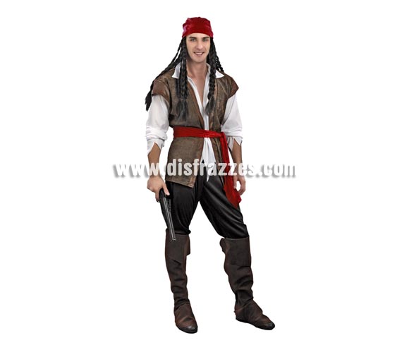 Disfraz de Pirata talla S para hombre. Talla S = 48/52 y para chicos de 14 a 16 años. Incluye turbante, camisa, cinturón, pantalón y cubrebotas. Peluca y T
trabuco NO incluidos, podrás encontrarlos en nuestra sección de Complementos.