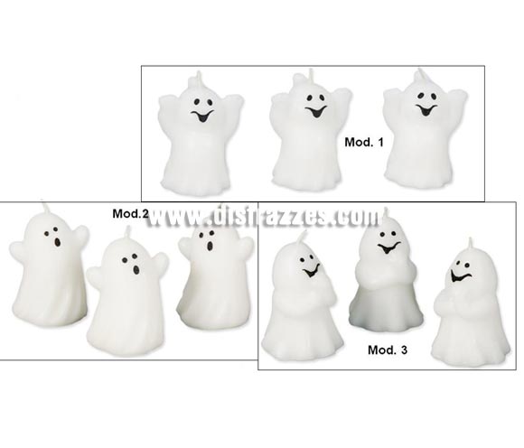 Caja de 3 velas Fantasmas de 6 cm para Halloween. Tres modelos surtidos, precio por unidad, se venden por separado.