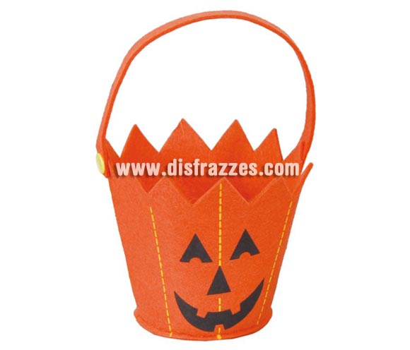 Cubo Calabaza de tela de 17 cm para Halloween. Perfecto para recoger los caramelos o como decoración en la noche de Halloween.