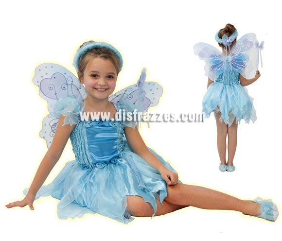 Disfraz de Hada Azul para niñas de 5 a 6 años. Incluye vestido, alas, varita y corona.